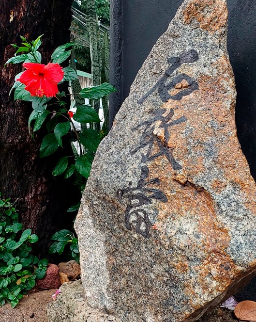 Jardim com lanterna de pedra e fonte tsukubai